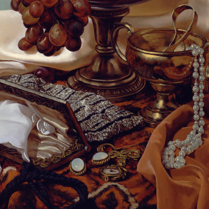 a painting showing gold and white with a red carpet, in the style of meticulous photorealistic still lifes, jewelry by painters and sculptors, detailed drapery, light indigo and brown, canon ae-1, eastern brushwork, metalwork jewelry