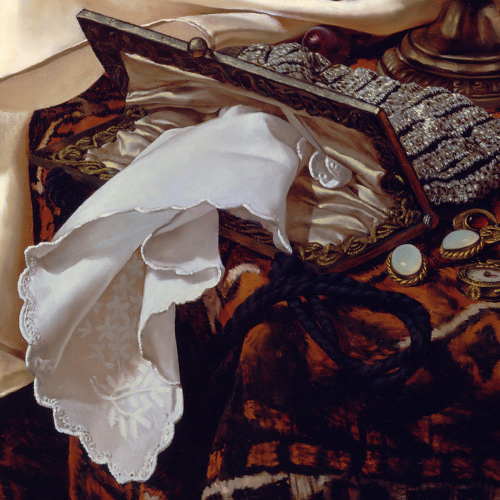 a woman wearing a dark top dress and scarf, in the style of detailed still life, white and bronze, mati klarwein, exquisite detail, baroque realism, reflections, silk painting