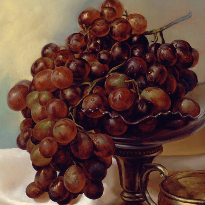 a painting of a white porcelain plate next to grapes, in the style of light amber and bronze, academic realism, biblical grandeur, realist detail, light maroon and bronze,  hudson river school