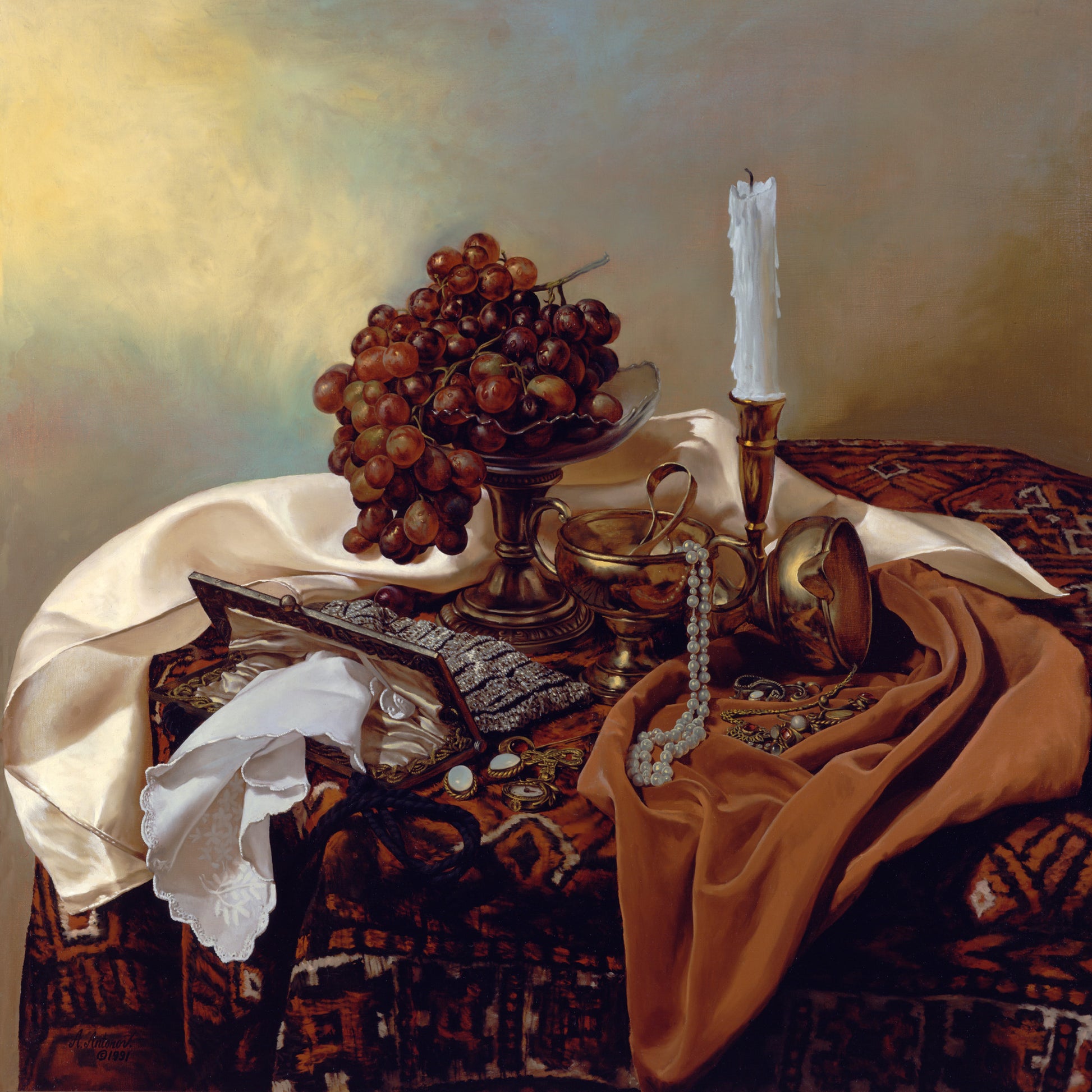 a painting of a table that has grapes, candles and a bowl of grapes, in the style of detailed drapery, light bronze and amber, olympus pen f, hudson river school, dau al set, graceful balance, jewish culture themes