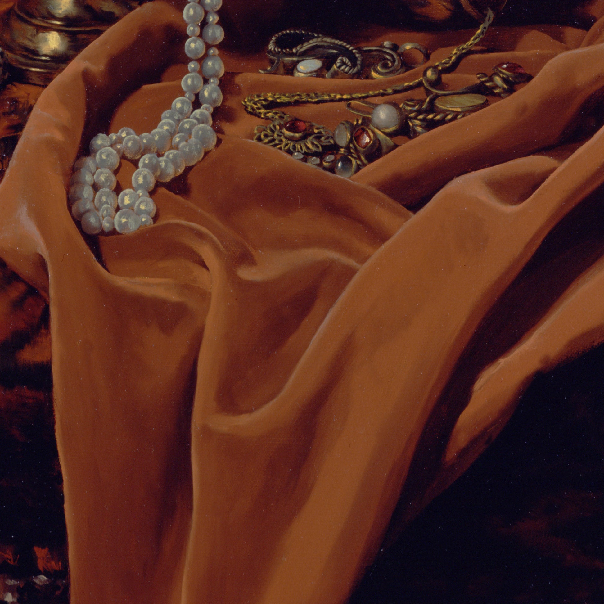 painting of jewelry and pearls on a cloth, in the style of dark orange and light bronze, flowing draperies, realist attention to detail, manapunk, polished craftsmanship, claire-obscure lighting, meticulous detail