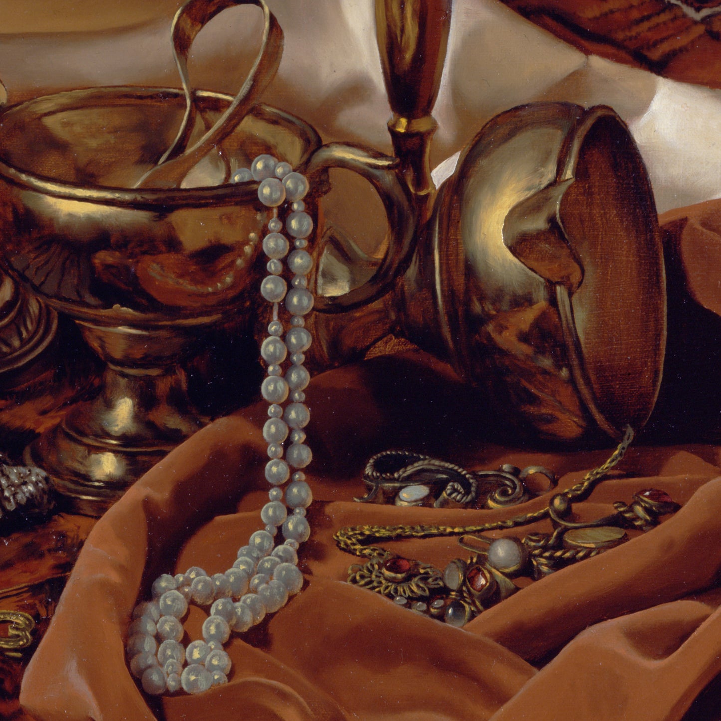 a painting showing gold and white with a red carpet, in the style of meticulous photorealistic still lifes, jewelry by painters and sculptors, detailed drapery, light indigo and brown, canon ae-1, eastern brushwork, metalwork jewelry