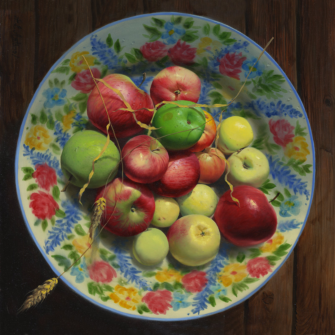 „Apfelernte“, 24 x 24 Zoll, signierte und nummerierte, limitierte, verzierte Giclée-Ausgabe
