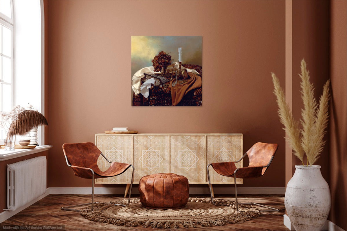 anvas wall art on canvas print michaelangelo's cross wall art, in the style of orientalist imagery, vanitas paintings, realistic still lifes with dramatic lighting, benin art, earthy color palettes, depictions of aristocracy, caravaggism